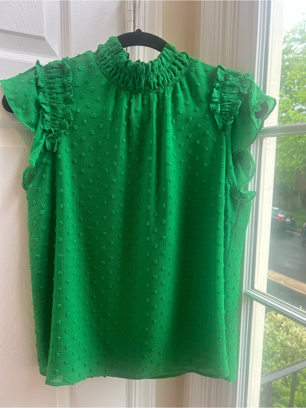 CeCe Emerald Green Swiss Dot Ruffle Blouse Mock Neck Small